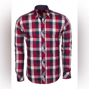 stanza men’s check red gray button down shirt 16 1/2 L20-8